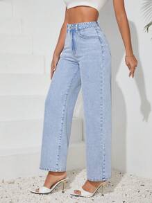 SHEIN Tall Jeans simples y rectos de uso diario para mujer en unicolor, lavados