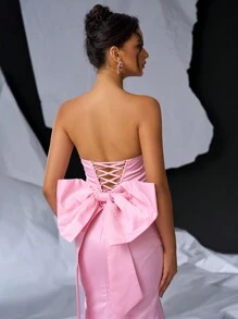 Glamrae 优雅甜美露肩浪漫透视 3D 串珠蕾丝刺绣高腰修身连衣裙，可调节后系带和可拆卸蝴蝶结和鱼尾连衣裙，适合晚会舞会半正式婚礼宾客礼服，适合生日、毕业典礼、返校节 - 粉色 - 查看 6