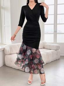 Modelyn Ladies' Fashionable Elegant V-Neck Bodycon Printed Splice Dress Long Evening Dresses