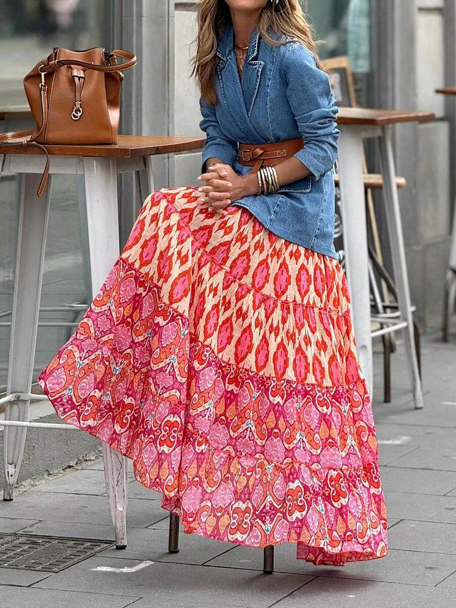 SHEIN Unity Women's Colorful Printed Simple Daily Skirt Maxi Women Outfit - Multicolor - View 1