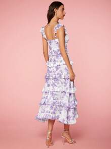 Enchnt Women's Summer Elegant Floral Allover Print Multilayered Ruffle Sleeveless Dress