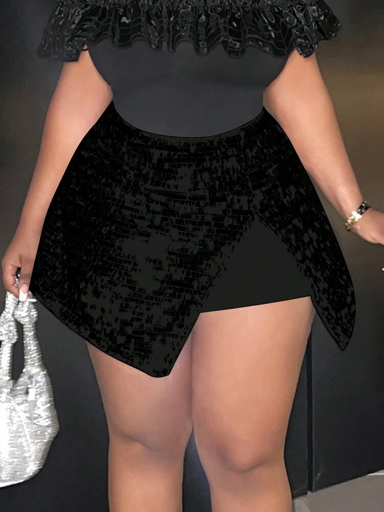 Plus Size Shiny Panel Wrap Asymmetric Hem Skort