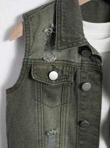 Young Boy Medium Washed Blue Distressed Denim Vest Jacket - Army Green - View 5