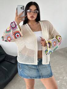 Flirla Plus Size Women's Multi-Colored Floral Crochet Cardigan - Apricot - View 1