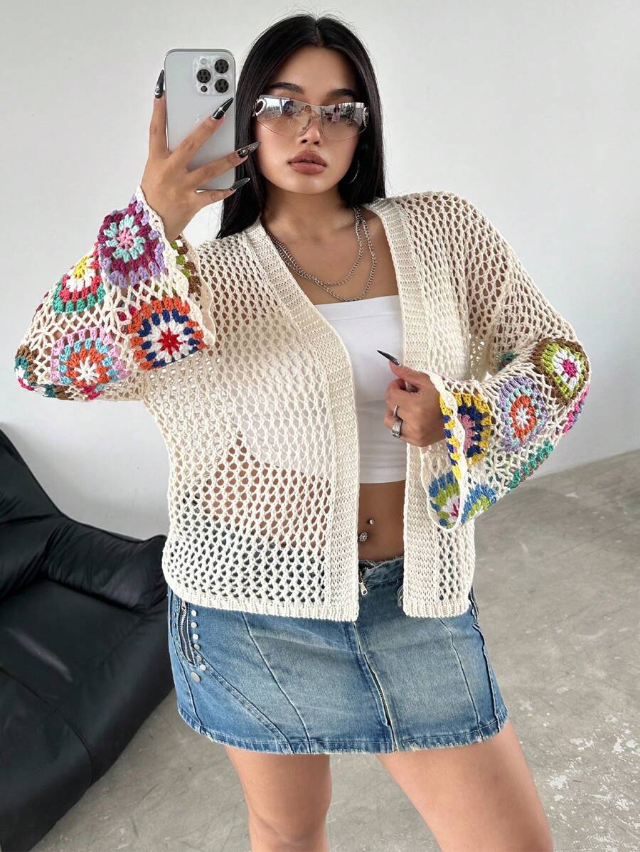 Flirla Plus Size Women's Multi-Colored Floral Crochet Cardigan - Apricot - View 1