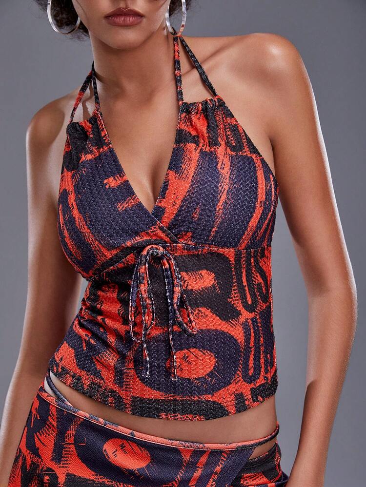 Artist Y2K Casual Printed Crop Halter Top, Slim Fit, Women, Holiday, Vacation, Spring & Summer, Beach, Going Out, Festival, Ibiza Fits, Western Wear