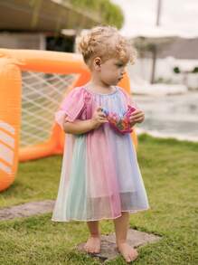 Baby Girls Sweet And Dreamy Gradual Color Mesh Dress With Pleats For Spring And Summer - Multicolor - View 3