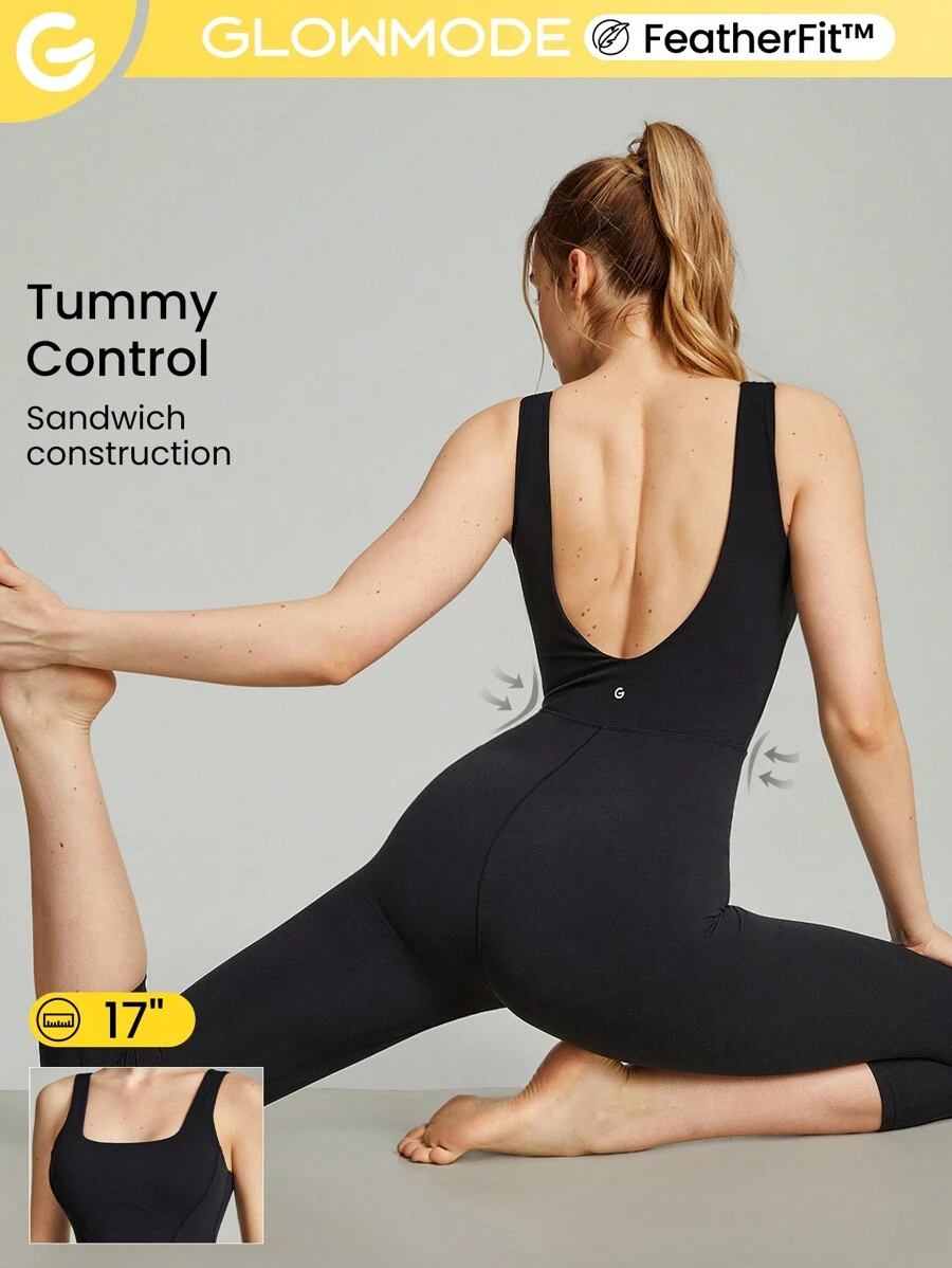 GLOWMODE 17" FeatherFit™ Tummy Control U-Back Gym Sports Jumpsuit Light Support Yoga Pilates Studio Gym Daily - Black - View 1