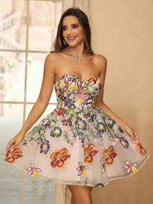 SHEIN Belle 优雅、浪漫、可爱、时尚、流行的女士花朵渐变刺绣高腰喇叭裙，适合度假、毕业、返校、舞会、下午茶、约会、派对、鸡尾酒会和正式场合舞会半正式礼服，适合生日、婚礼宾客礼服 - 彩色 - 查看 1