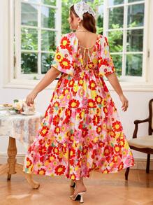Dreamara 大尺碼女裝V領水染長度假風格紅色花卉休閒連衣裙，彈力氣球袖設計，完美適用於夏季和復活節 - 彩色 - 查看 2