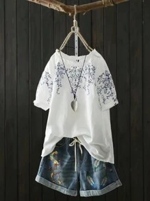 SHEIN LUNE Vacation & Leisure Destination Printed Short Sleeve Shirt - White - View 1