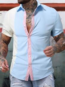 Manfinity Homme Men's Loose-Fit Short Sleeve Color Block Casual Shirt For Summer - Blue - View 3