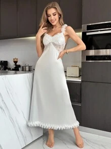Vestido largo de pijama de satén con encaje y adornos de flores 3D, lujoso atuendo de descanso, para vacaciones