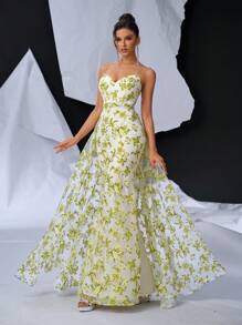 SHEIN Belle Elegant And Romantic Mesh Orangery Floral Print Halter Bustle Cups High Waist Thin Slim Fishtail Fluttering Back Width Swing Floating Piece Dating Vacation Graduation Wedding Event Heavy Duty Dinner Evening Gowns