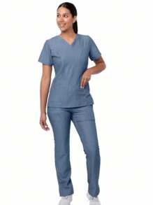 女式 V 领短袖上衣和裤子手术服护士套装 - 淺藍色 - 查看 3