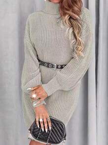 SHEIN Essnce Vestido de jersey de manga larga y unicolor simple para mujer - Caqui - Ver 1