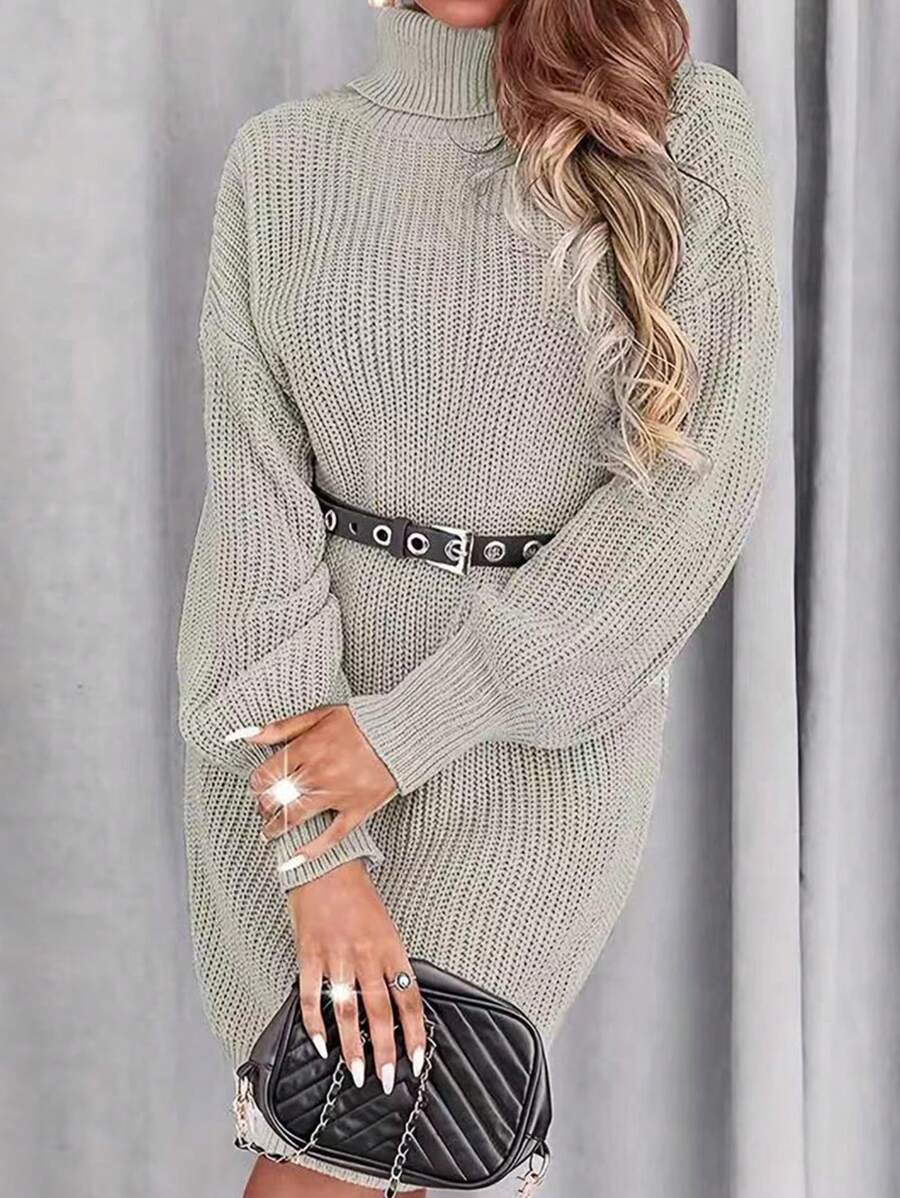 SHEIN Essnce Vestido de jersey de manga larga y unicolor simple para mujer - Caqui - Ver 1