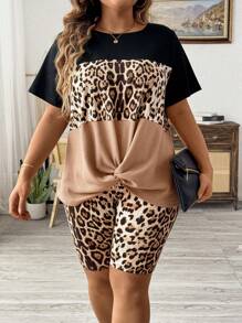 SHEIN LUNE 大码女式时尚豹纹图案短袖和短裤套装（夏季） - 彩色 - 查看 1