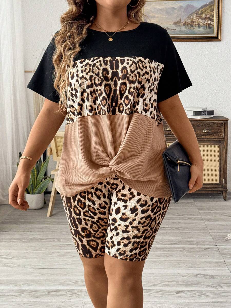 SHEIN LUNE 大码女式时尚豹纹图案短袖和短裤套装（夏季） - 彩色 - 查看 1