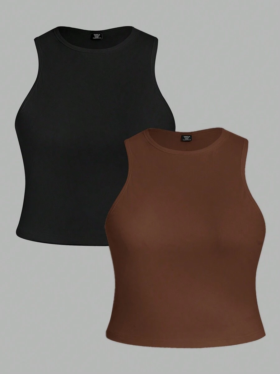 Slaydiva 2 piezas Camiseta de tirantes de unicolor para mujer de talla grande, adecuada para el verano - Multicolor - Ver 1