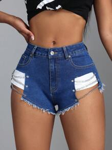 SHEIN SXY 女士時尚鏈條裝飾破損牛仔短褲 - 藍色 - 查看 5