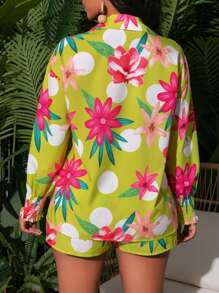Lunelith SHEIN Lunessa Women's Colorful Flower Printed Long Sleeve Shirt Top + Shorts 3pcs Set Fall Cloth For Women - Multicolor - View 2