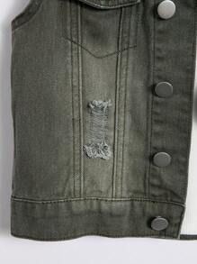 Young Boy Medium Washed Blue Distressed Denim Vest Jacket - Army Green - View 7