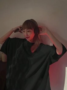 DAZY Women's Summer Loose-Fit Round Neck T-Shirt With Drop Shoulder Sleeves, Solid Color Oversized T-Shirt,Back To School Clothes