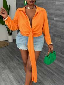 Slaydiva Plus Size Holiday & Elegant Commuting Sexy Plain Orange Deep V-Neck Pleated Belted Shirt, Spring/Summer-E - Orange - View 6