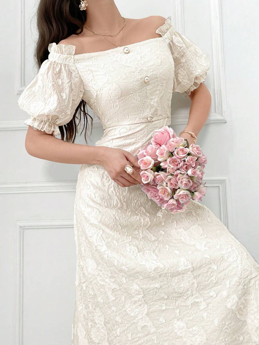 Modelyn Elegantes Sommerkleid für Damen in einfarbigem Jacquard-Design mit Carmen-Ausschnitt, gerafften Rüschenärmeln und Taillenabnäher