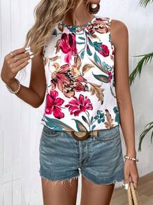 EMERY ROSE Summer Floral Printed Sleeveless Blouse With Round Neckline,Sleeveless Tops
