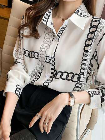 宽松版型随机印花衬衫 - 春季新款，女士长袖时尚通勤雪纺衬衫，适合新年和感恩节穿着