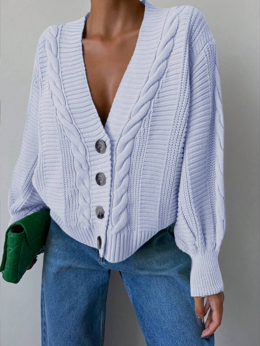 EURMUSE Solid Drop Shoulder Cable Knit Cardigan - Baby Blue - View 1