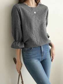 INAWLY Camisa de cuadros casual de manga acampanada para primavera/verano en talla grande - Negro - Ver 3