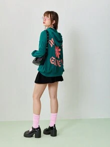 SHEINNeu Women's Casual Long Sleeve Floral Letter Print Green Loose Hoodie - Green - View 3