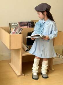 SHEIN Young Girl 3D Flower Decorated Button Front Long Sleeve Casual Shirt Dress