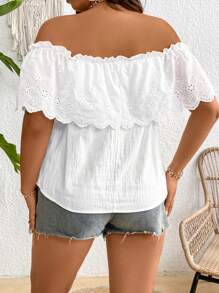 SHEIN Holidaya Plus Size Boho Women's Summer Off Shoulder Floral Splice Solid Color Minimalist Sexy Short Sleeve Blouse Loose Top