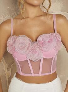 SHEIN Unity 花卉贴花短款网布拼接吊带紧身胸衣上衣 - 粉色 - 查看 6