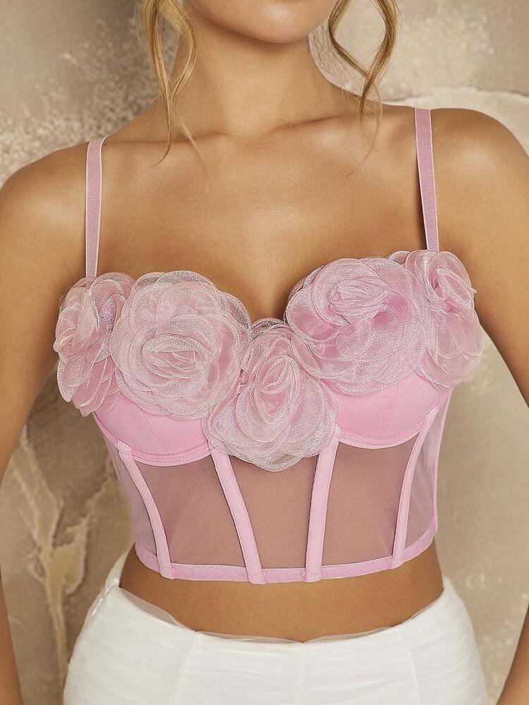 Floral Appliques Crop Mesh Panel Cami Bustier Top