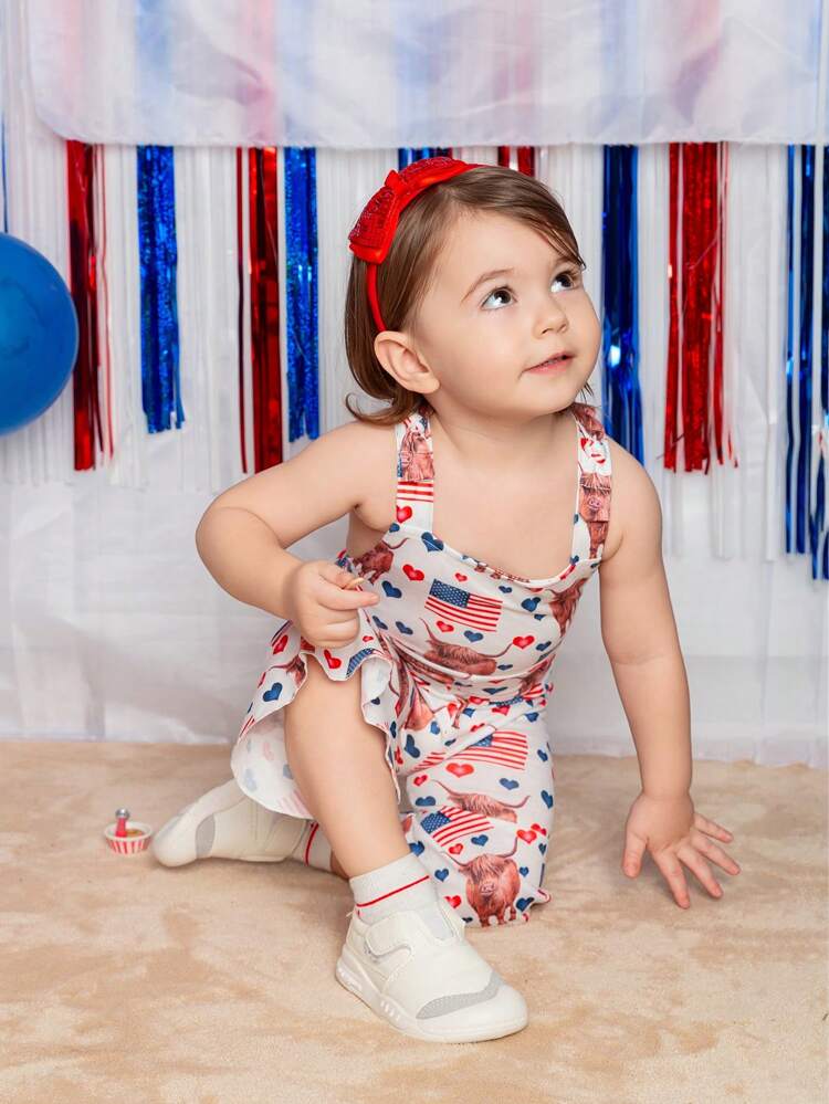 Baby Girl Casual All-Match Cute Flag Pattern Printed Jumpsuit With Suspenders, Suitable For Spring And Summer, Independence Day