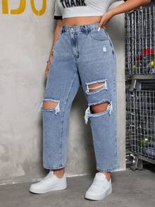 CovetEZ Plus Size Solid Color Distressed Denim Jeans With Pocket And Button - Light Wash - View 3