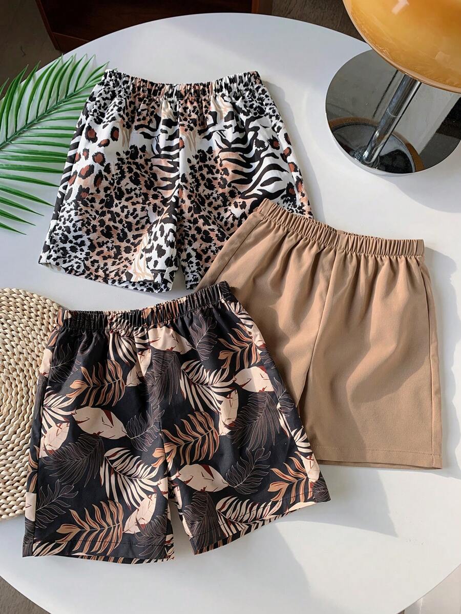 3 cái/bộ Áo thun ngắn tay hình cây & da báo cho bé trai thoáng khí và thoải mái với quần short, thích hợp cho mùa xuân và mùa hè - Nhiều màu - Xem 1