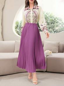 Modelyn 女士优雅植物印花长袖衬衫和褶皱中裙两件套，春夏两件套 - 中紫紅色 - 查看 5