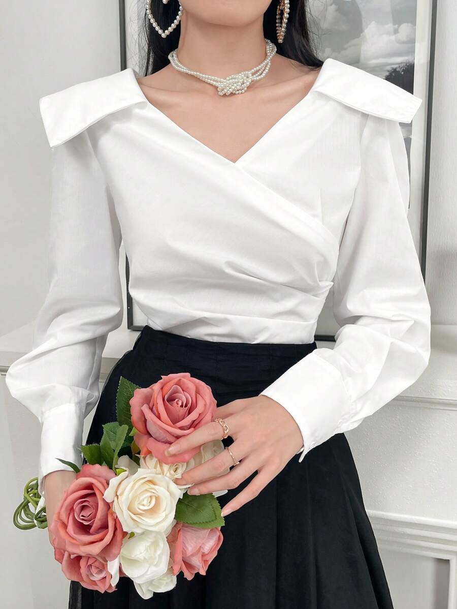 Modelyn 女士純色百搭日常長袖襯衫 - 白色 - 查看 1