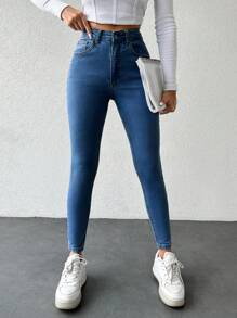 SHEIN PETITE 女式斜口袋修身牛仔褲 - 藍色 - 查看 6