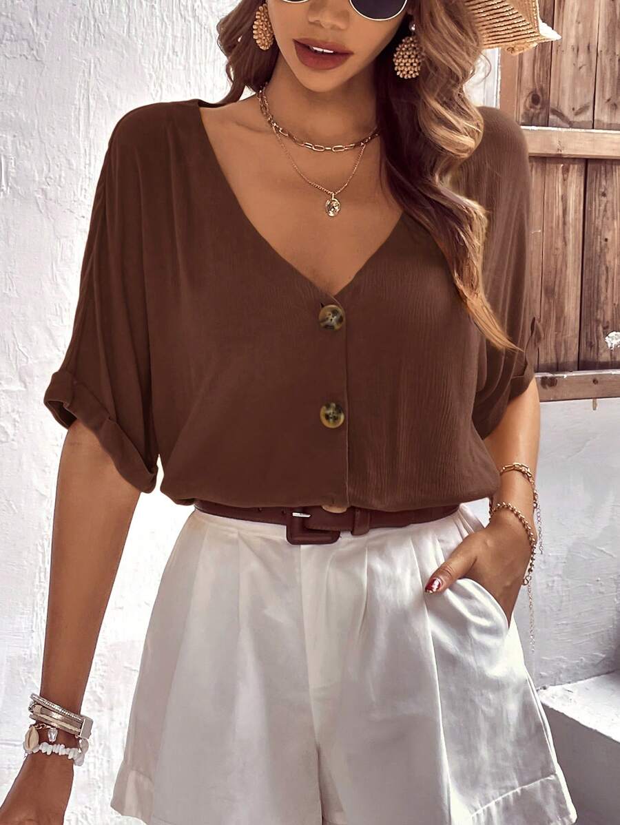 EMERY ROSE 女士實色V領前開扣優雅上衣