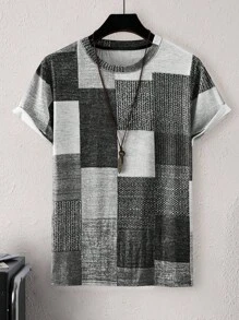 Manfinity Homme 男士夏季幾何圖案印花圓領短袖休閒T恤 - 彩色 - 查看 3