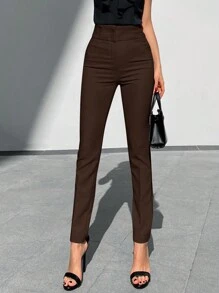 EURMUSE Solid Zipper Fly Skinny Pants - Chocolate Brown - View 3