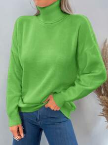EURMUSE Turtleneck Drop Shoulder Jumper Without Necklace - Green - View 1