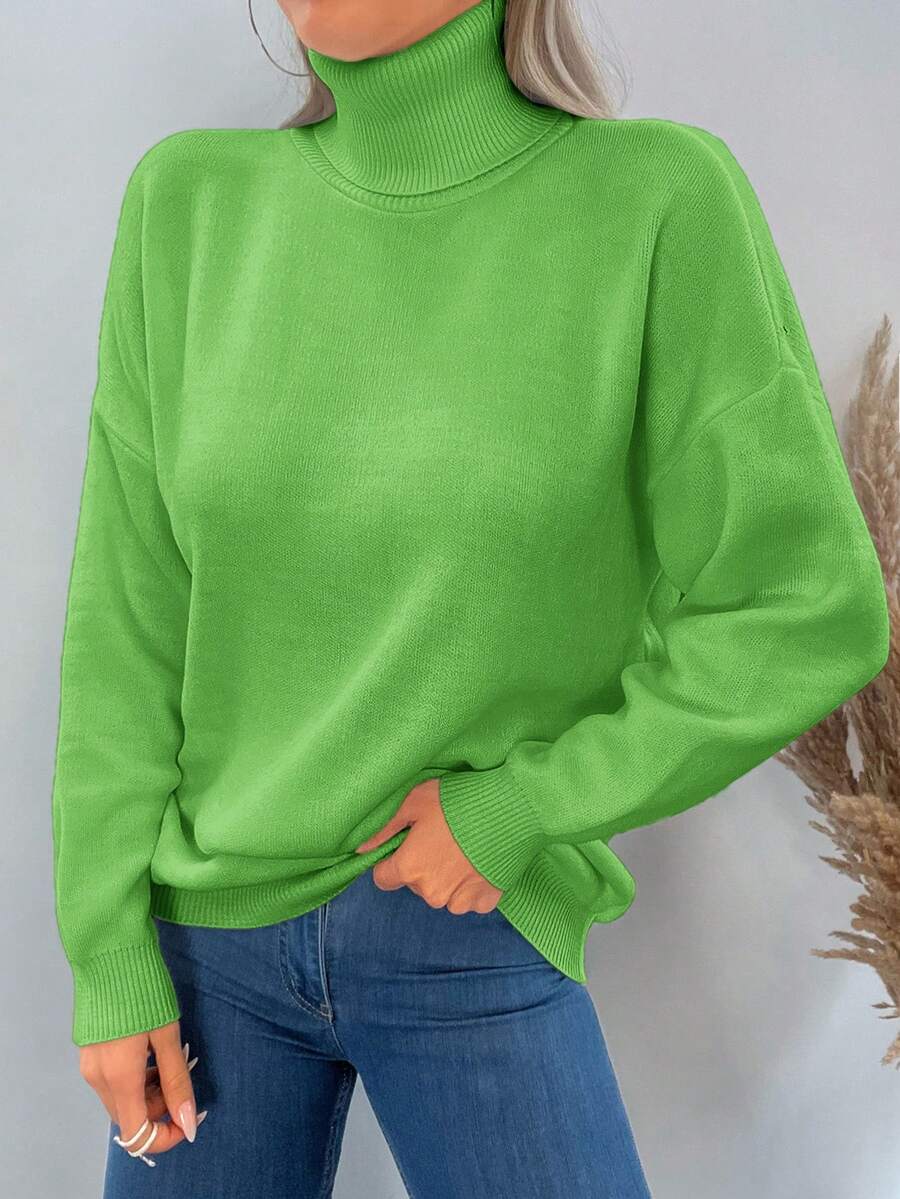 EURMUSE Turtleneck Drop Shoulder Jumper Without Necklace - Green - View 1